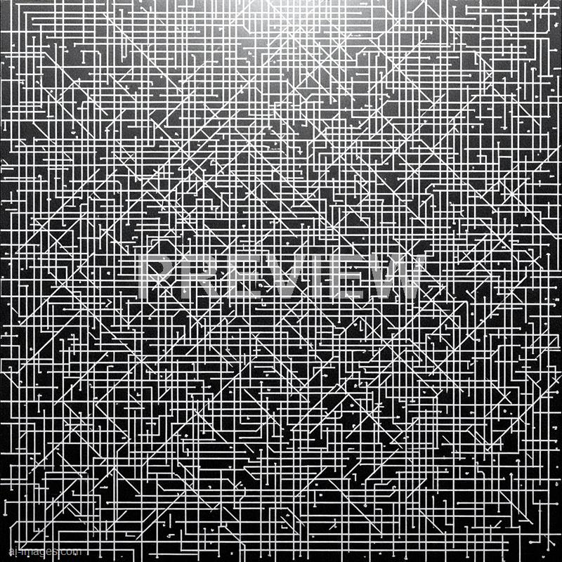 The image features an intricate pattern of white lines on a black background, creating a complex geometric grid. The lines intersect at various angles, forming a maze-like network of squares, rectangles, and other polygonal shapes with a high level of detail and density throughout the entire square canvas.